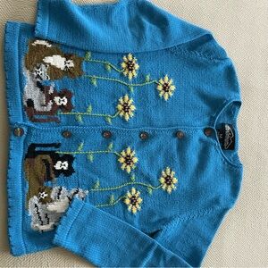 Hand knit Charming cotton  Blue Cardigan with Floral and Animal Accents
